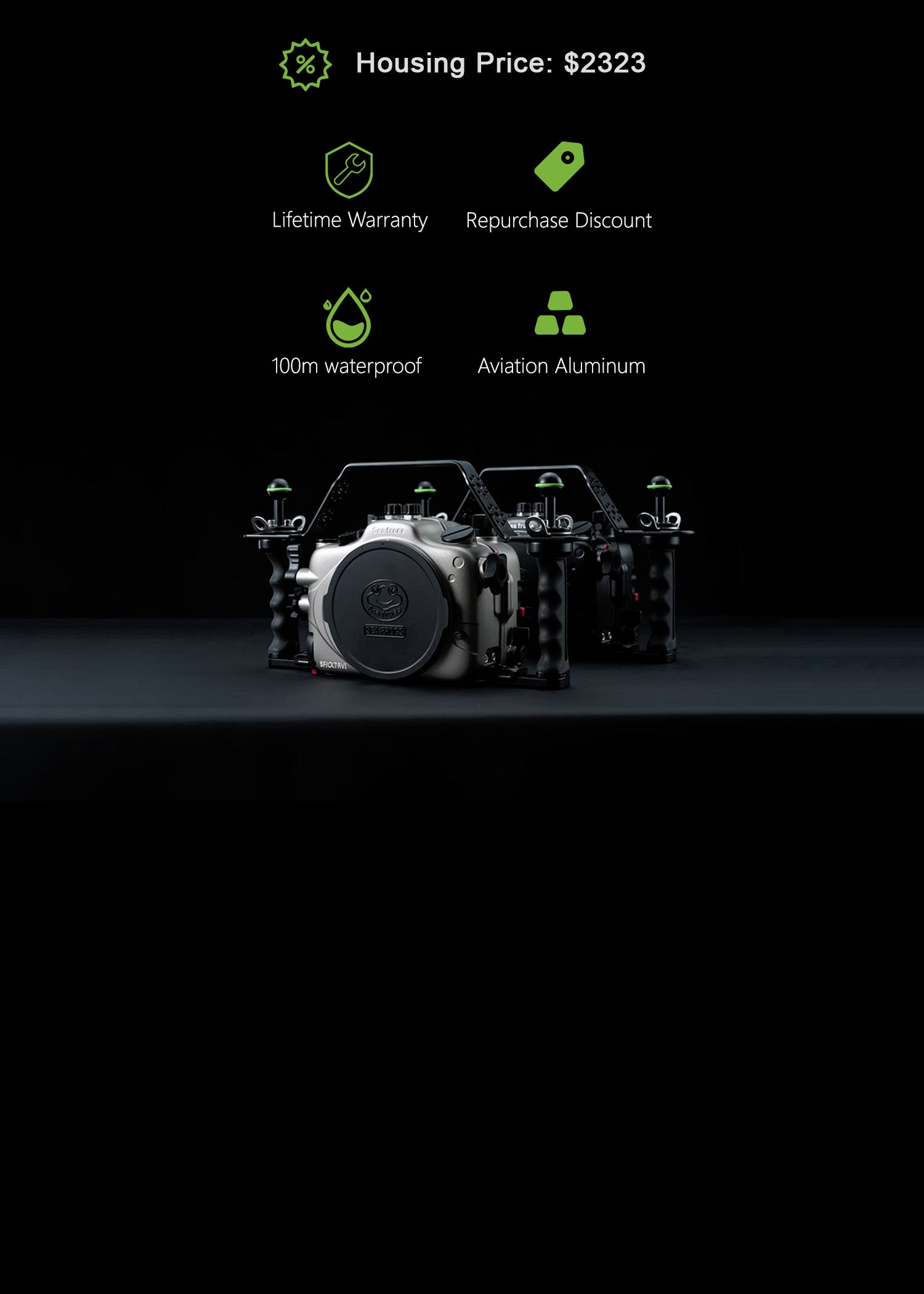 A black and silver underwater camera housing displayed on a dark surface against a black background, with green icons and text above highlighting features such as lifetime warranty, repurchase discount, 100m waterproof, and aviation aluminum.
