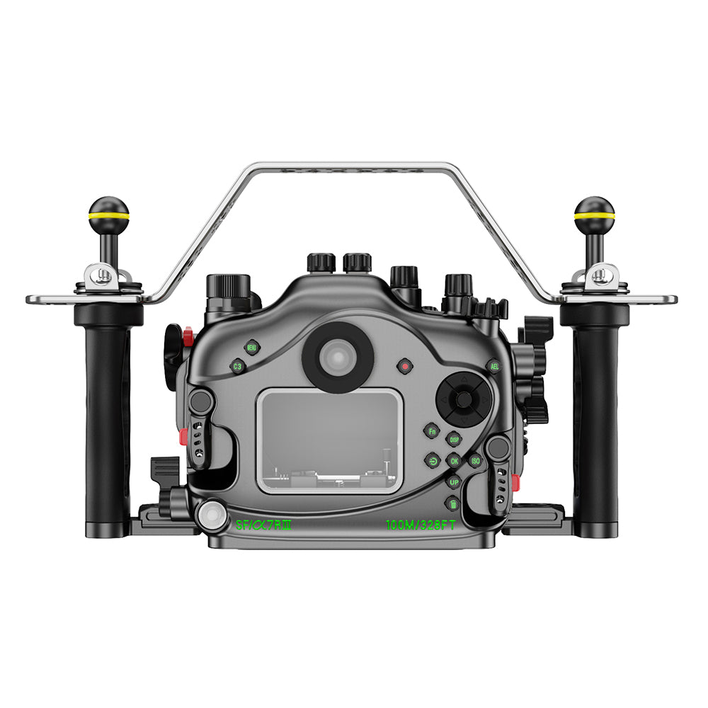 Underwater camera housing with control handles on a white background Color_Black