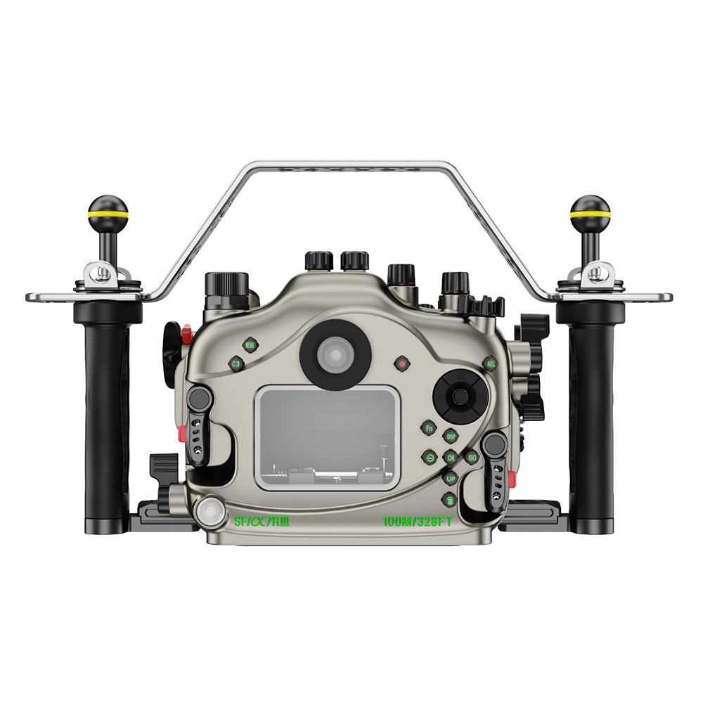 Underwater camera housing with control handles on a white background #Color_Grey
