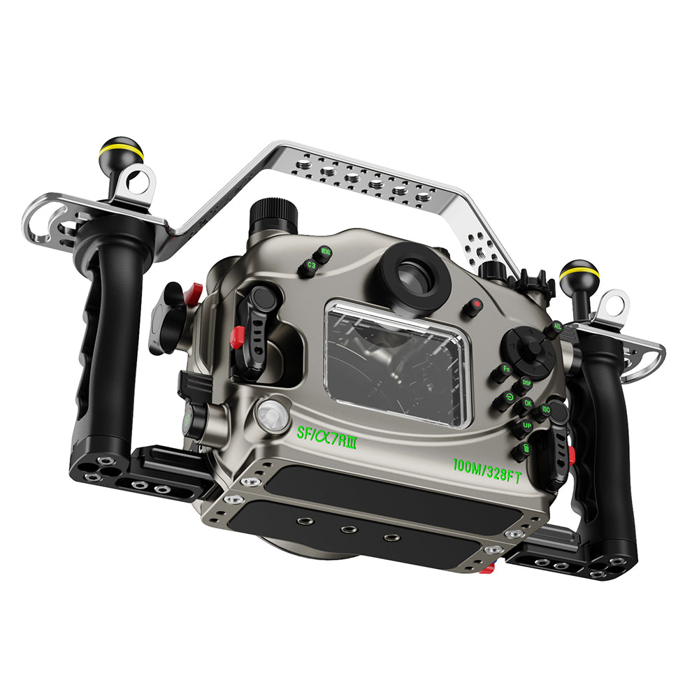 Underwater camera housing with control handles on a white background #Color_Grey
