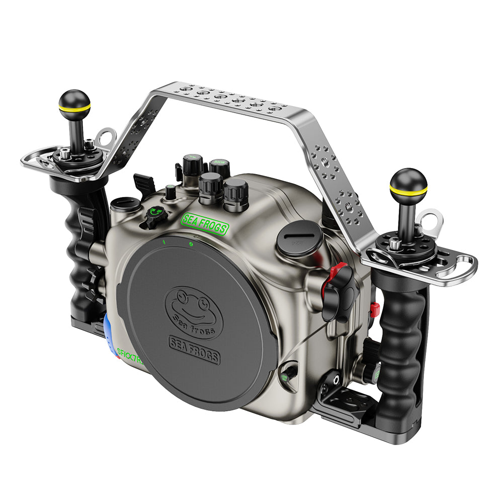 Underwater camera housing with control handles on a white background #Color_Grey