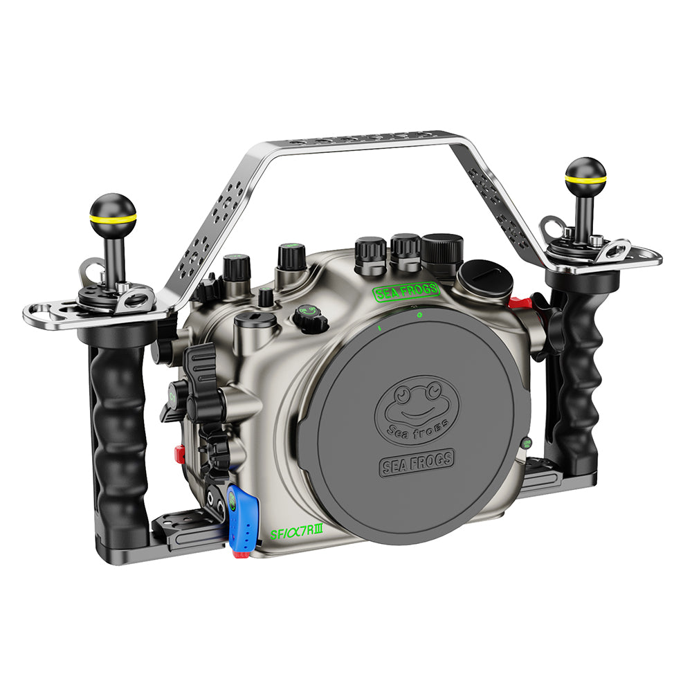 Underwater camera housing with control handles on a white background #Color_Grey