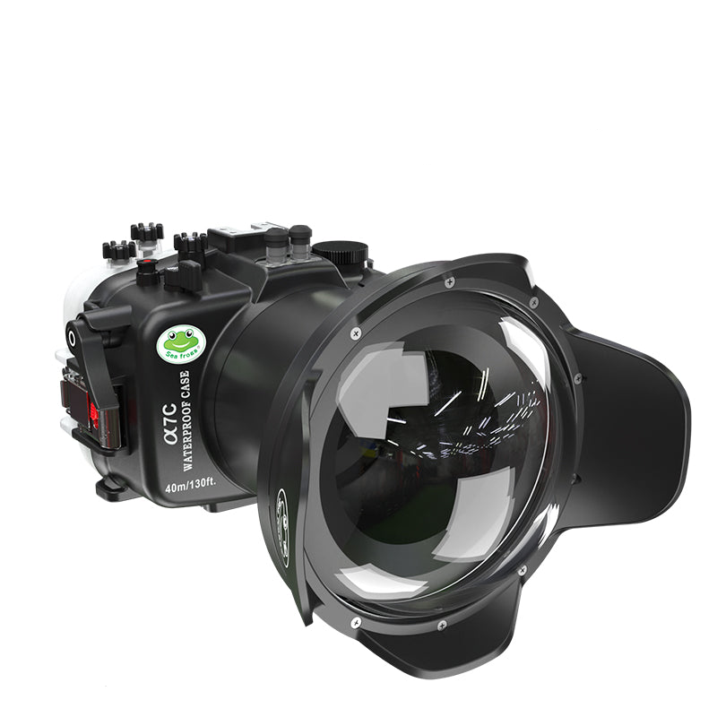 Black underwater camera housing with visible branding on a white background
