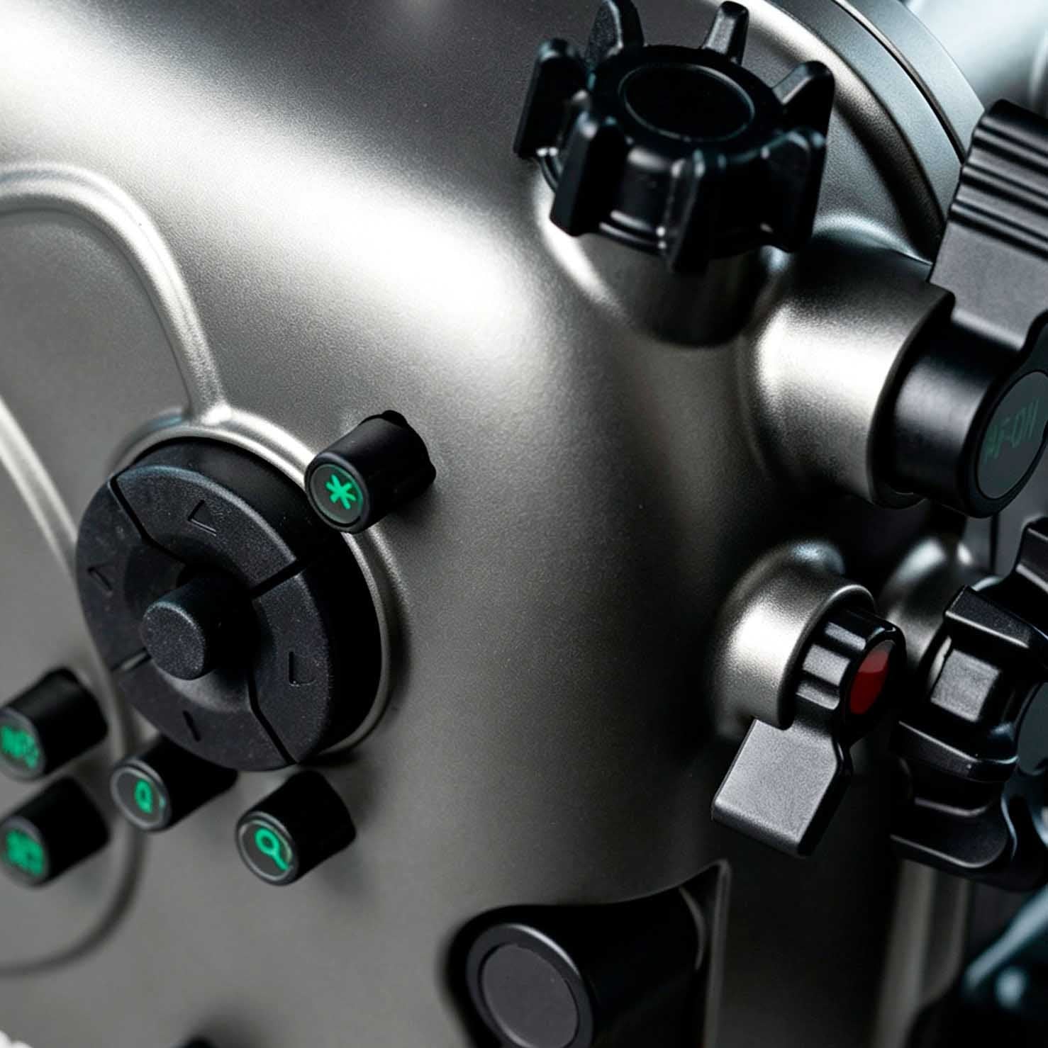 Close-up of a control panel with various buttons and levers on a metallic surface.