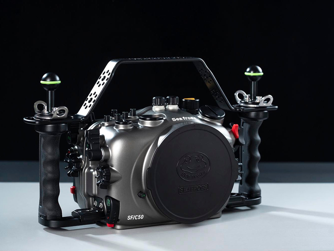 Underwater camera housing on a black background