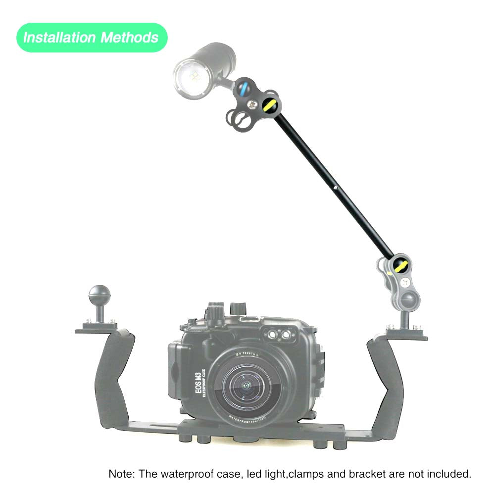 Camera with a mounted light and arm on a white background, with text about installation methods.