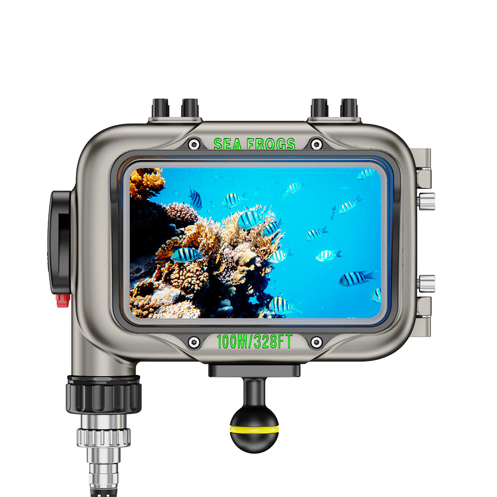 Underwater camera housing with screen displaying an underwater scene, brand 'Sea Frogs' visible.