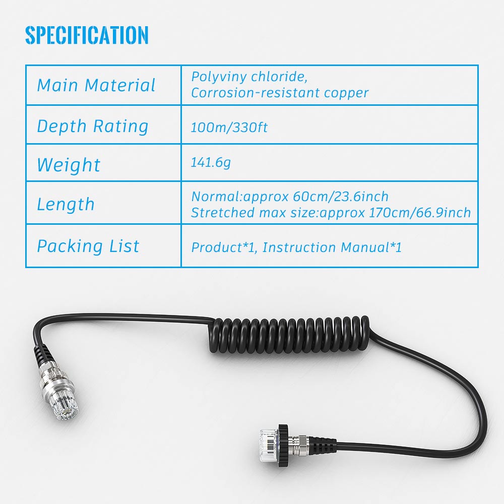 Coiled cable with specifications listed on a white background