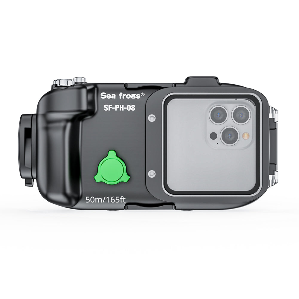 Underwater camera housing with Sea Fross branding on a white background