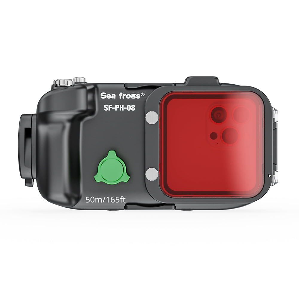 Camera housing with red filter and green button on a white background
