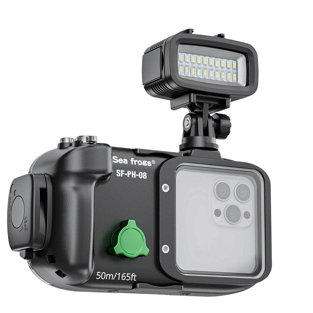 Underwater camera housing with light attachment on a white background