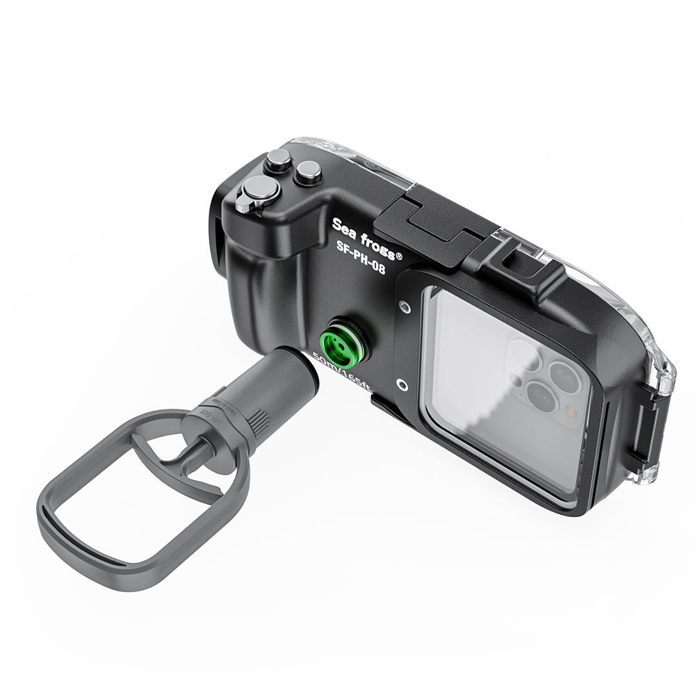 Black rugged camera case with a keychain clip on a white background