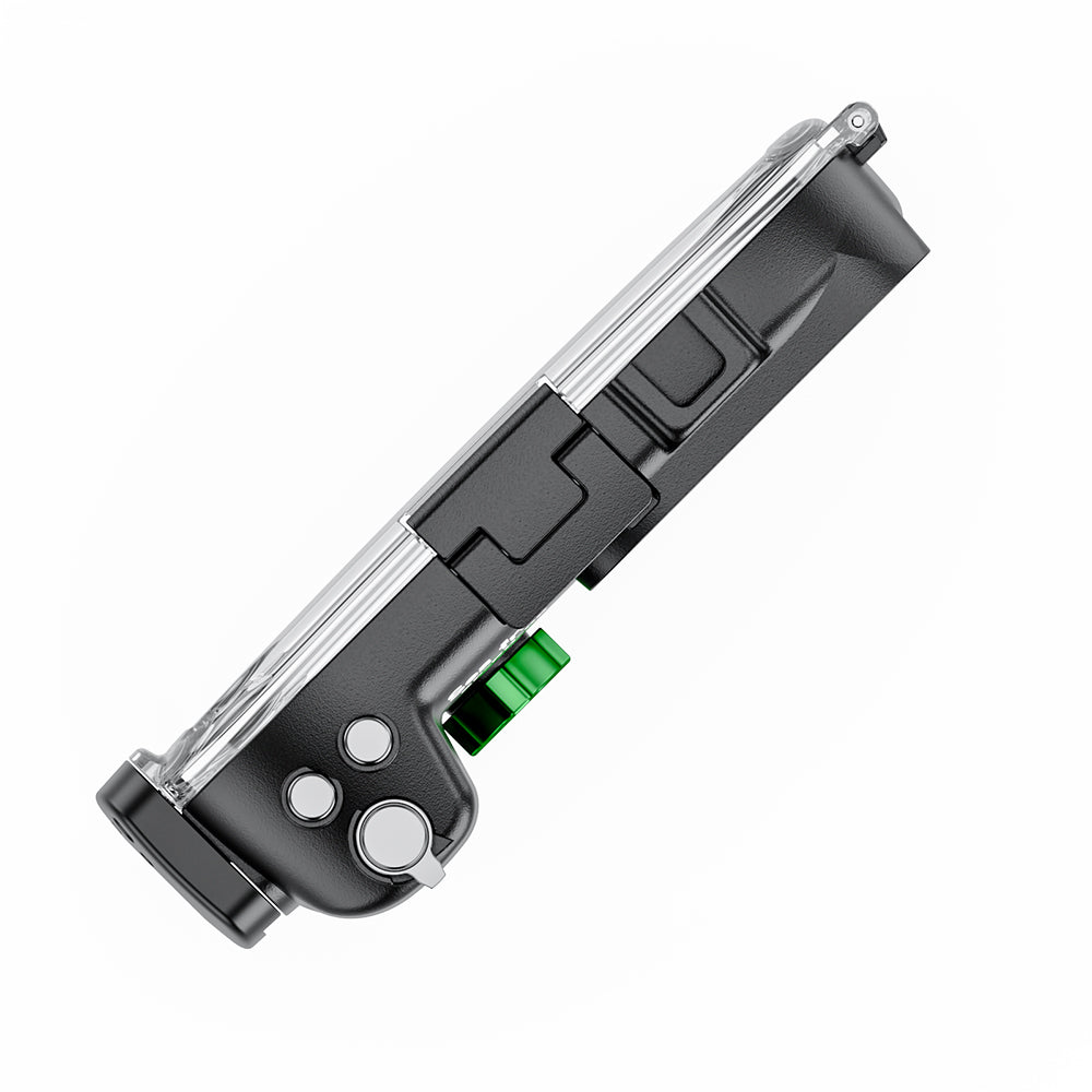 Black and silver tool with a green component on a white background