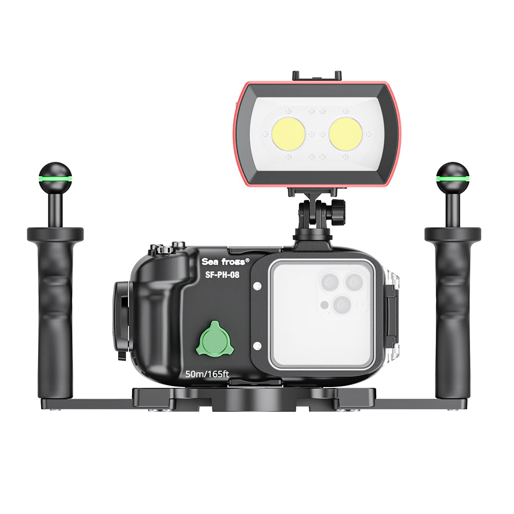 Camera housing with light attachment on a white background