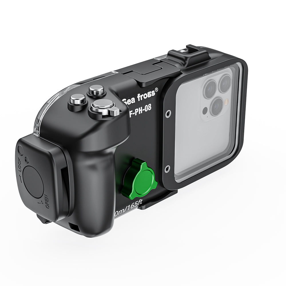 Camera housing with a green button on a white background