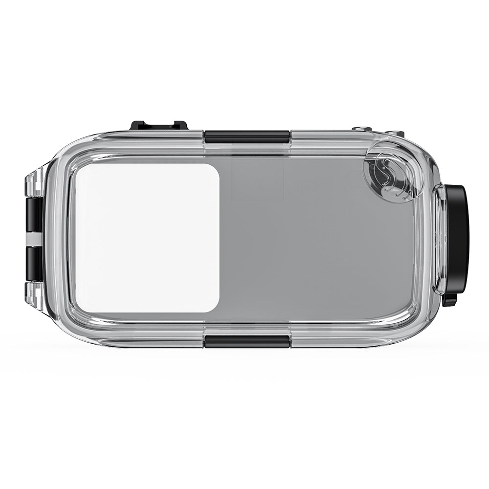 Clear protective case for a camera on a white background