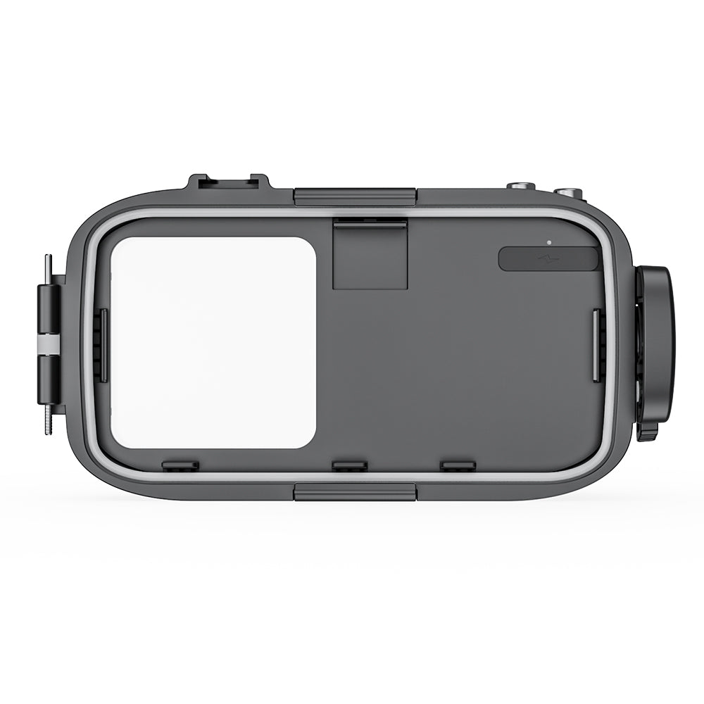 Black protective case with a clear front panel on a white background