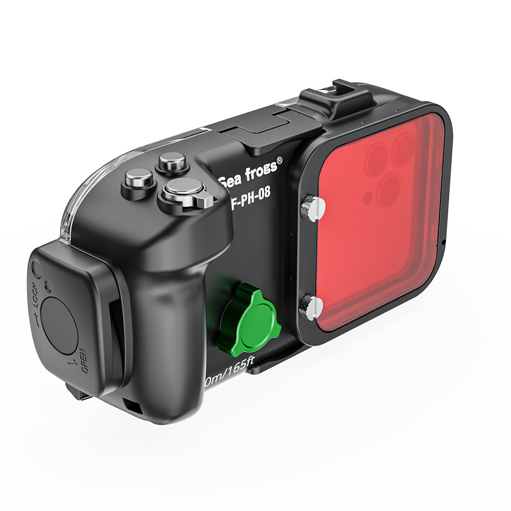 Camera housing with red filter and green button on a white background