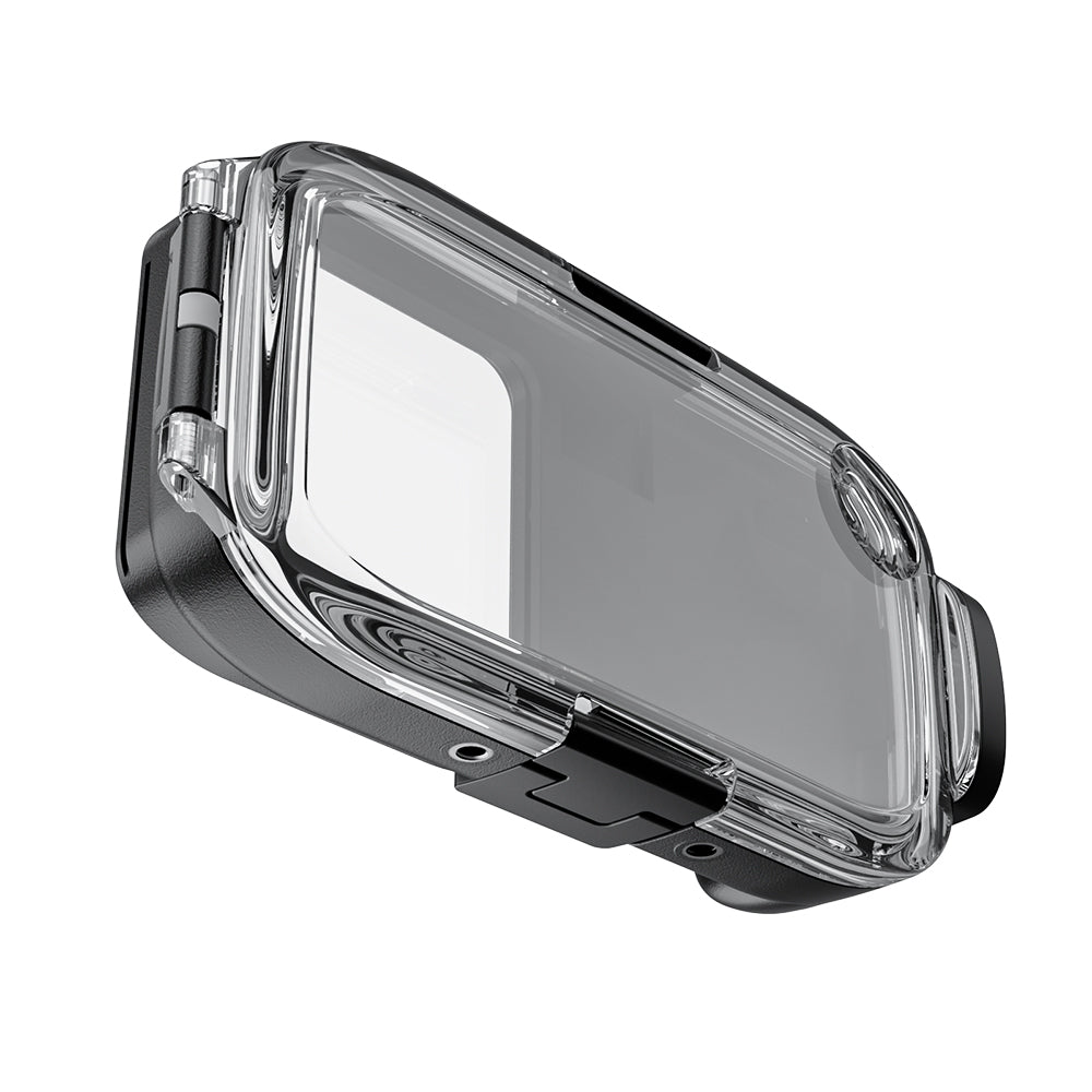 Clear protective case with black accents on a white background