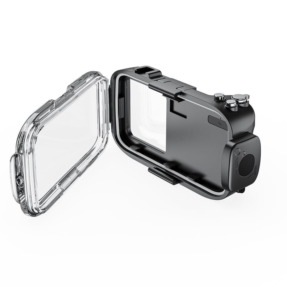 Black action camera with clear protective cover on a white background