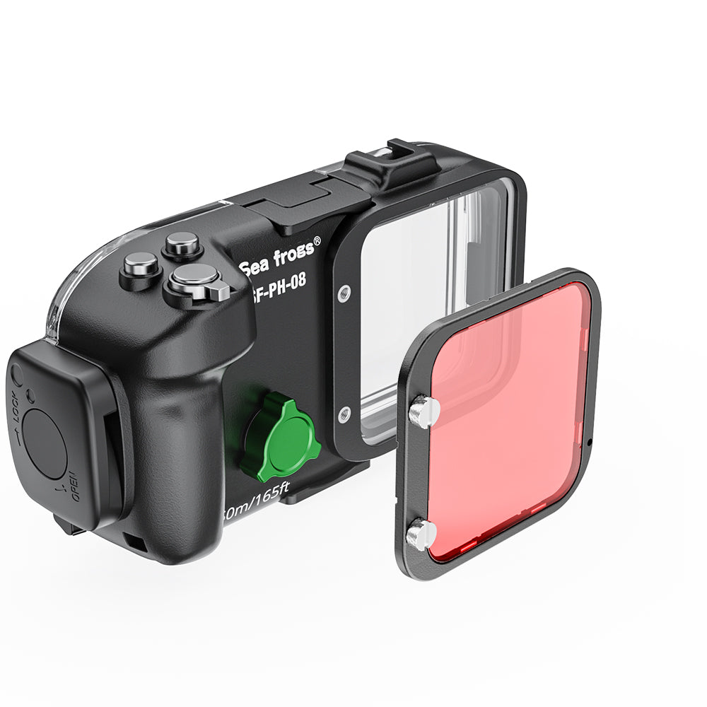 Camera housing with a red filter on a white background