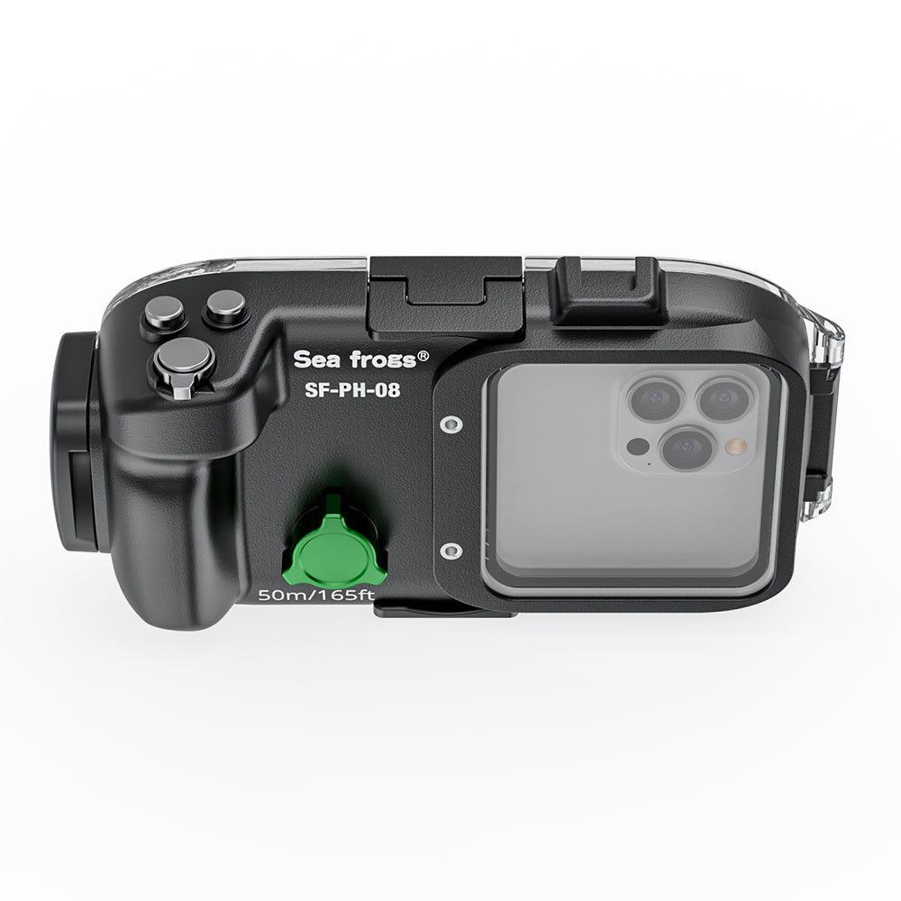 Black underwater housing case for a smartphone with 'Sea Fros' branding on a white background