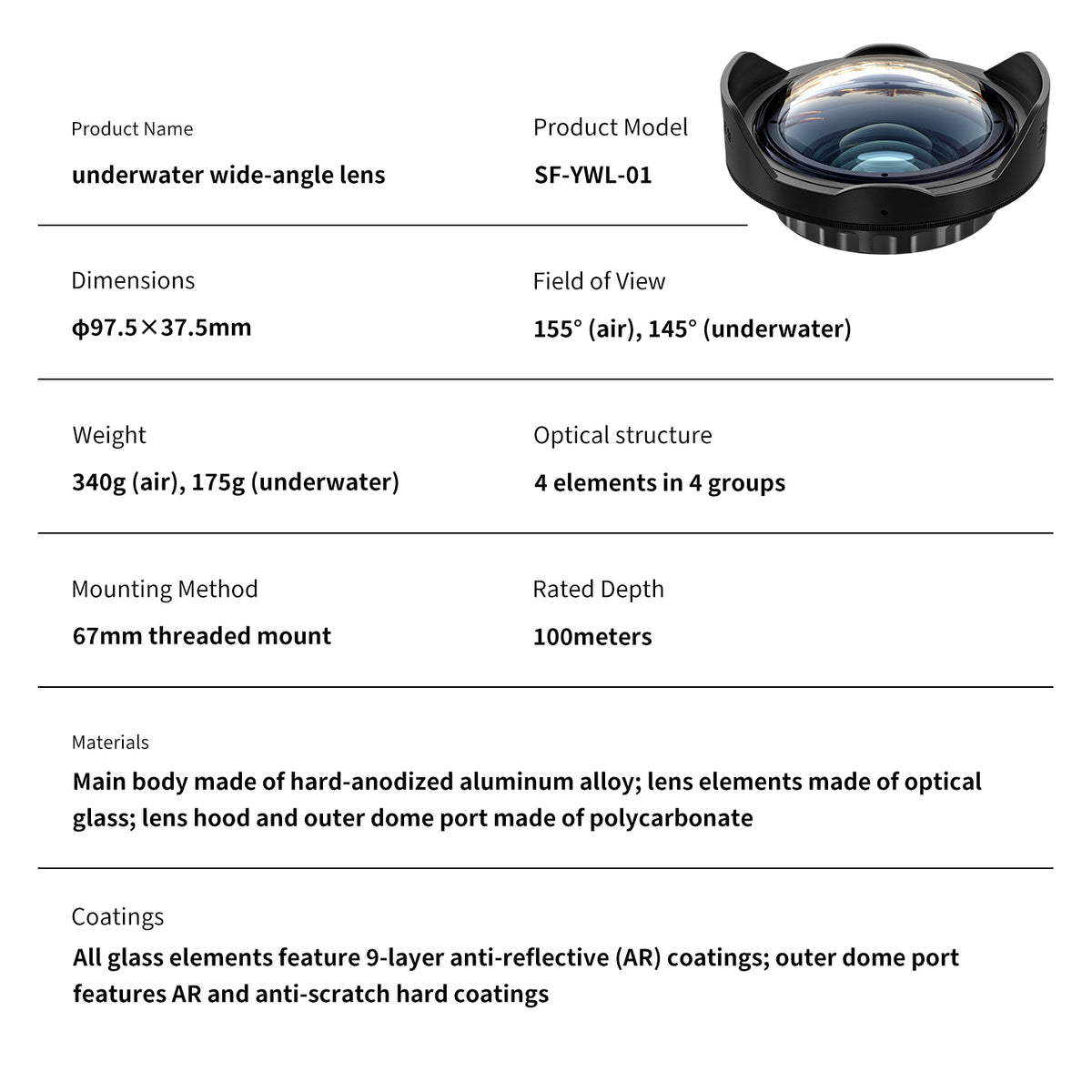 Seafrogs SF-YWL-01 Underwater Wide-angle Lens for Action Camera Housing & Mobile Housing