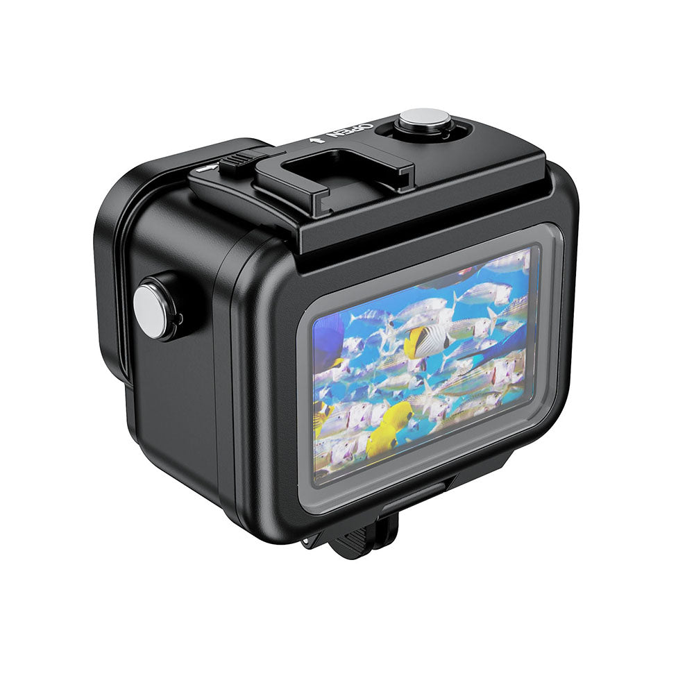Black underwater camera housing with a display screen showing an underwater scene on a white background