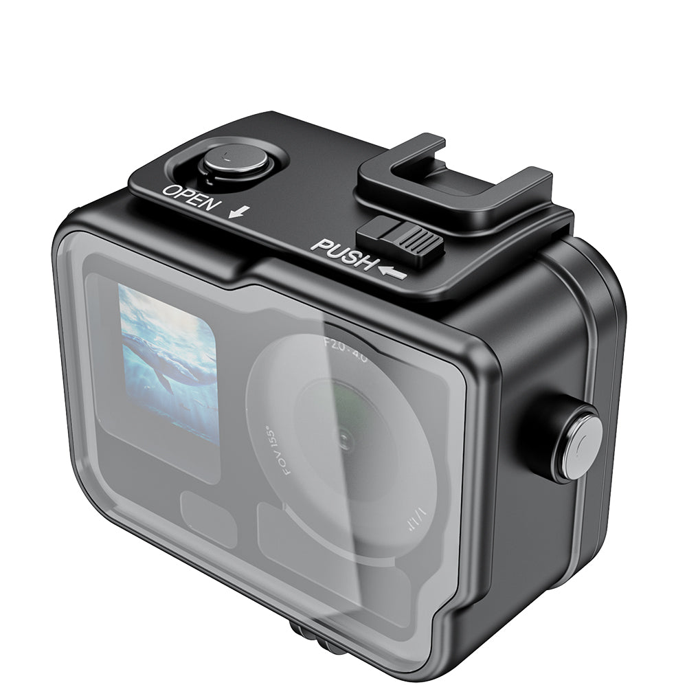 Black action camera with a clear front cover on a white background