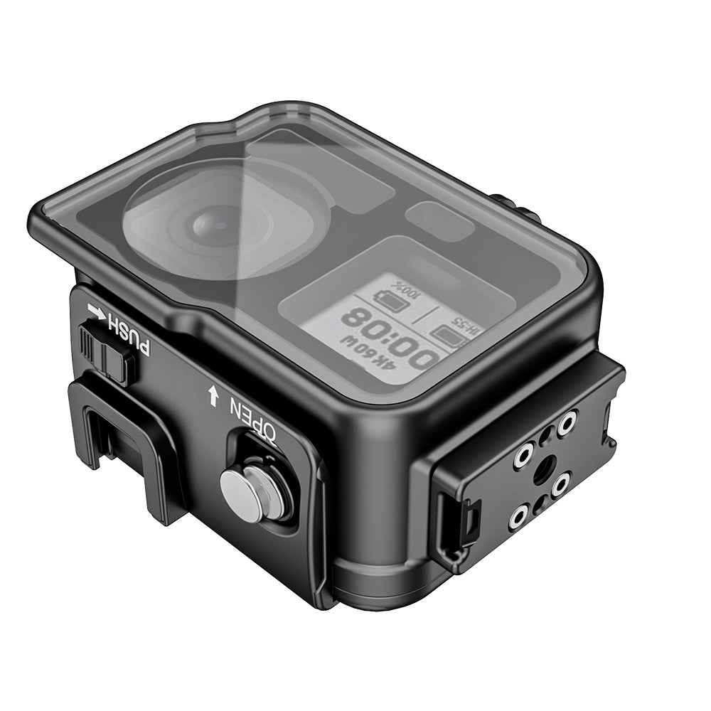 Black camera housing with digital display on a white background