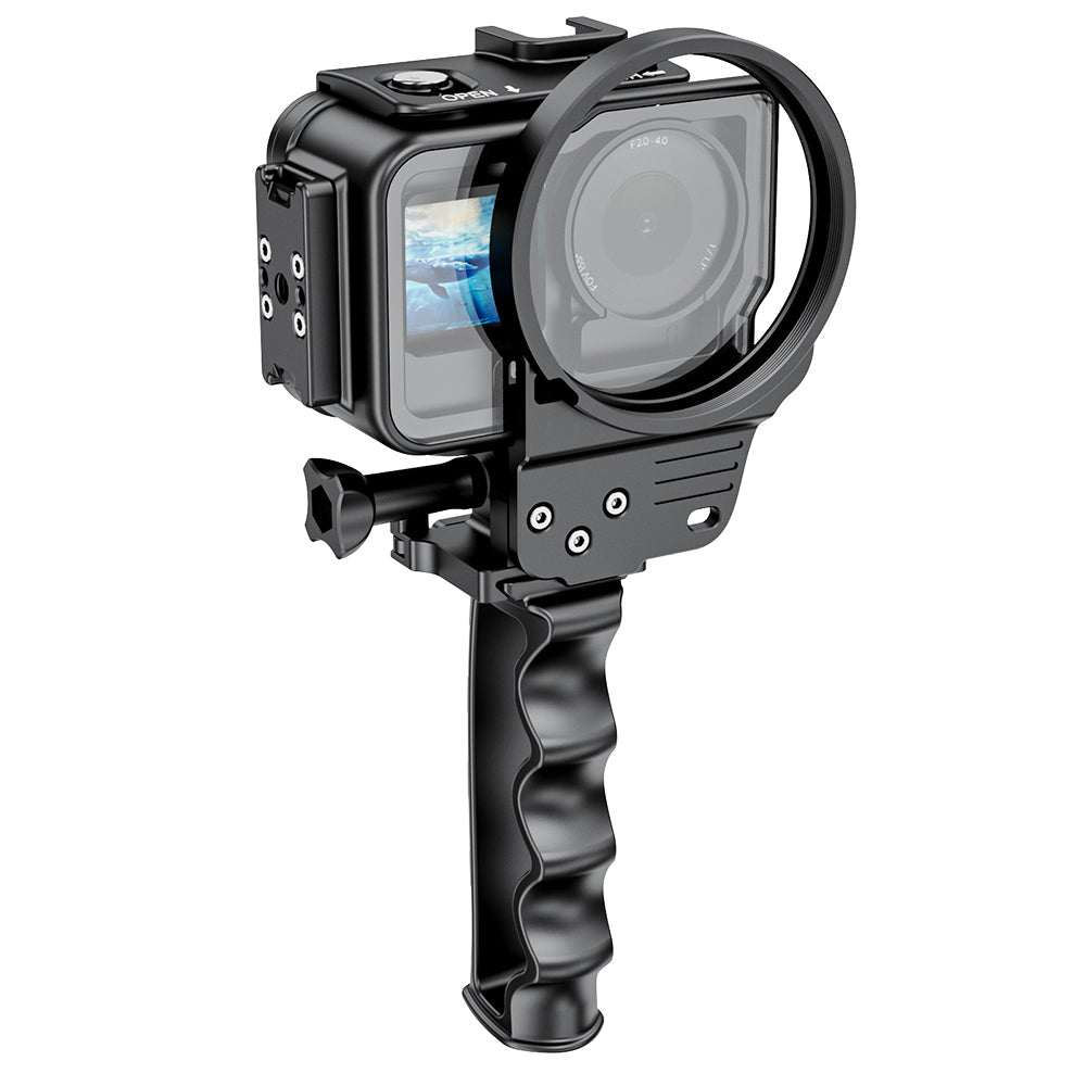 Action camera with protective housing and handle on a white background