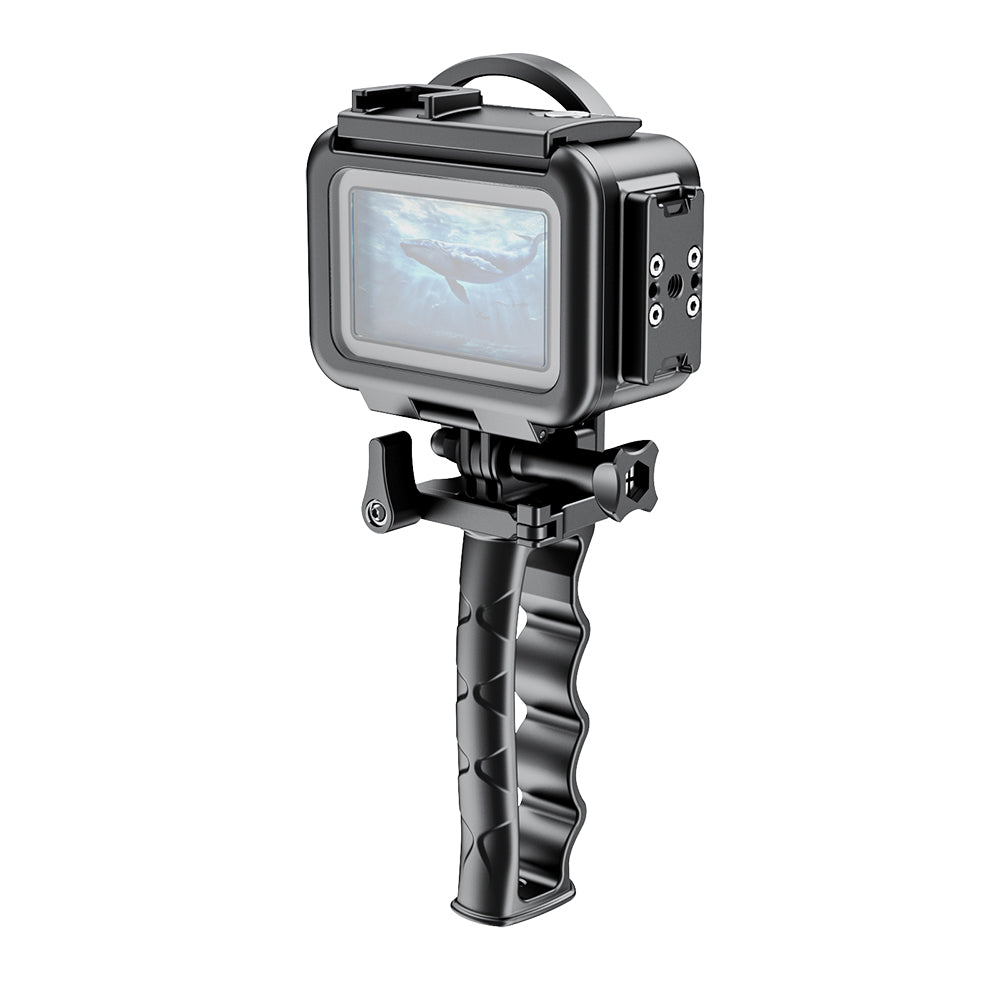 Black action camera with screen and handle on a white background