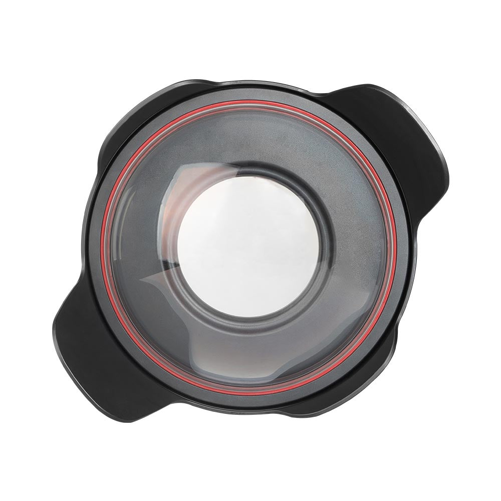 Camera lens with black frame and red interior on a white background