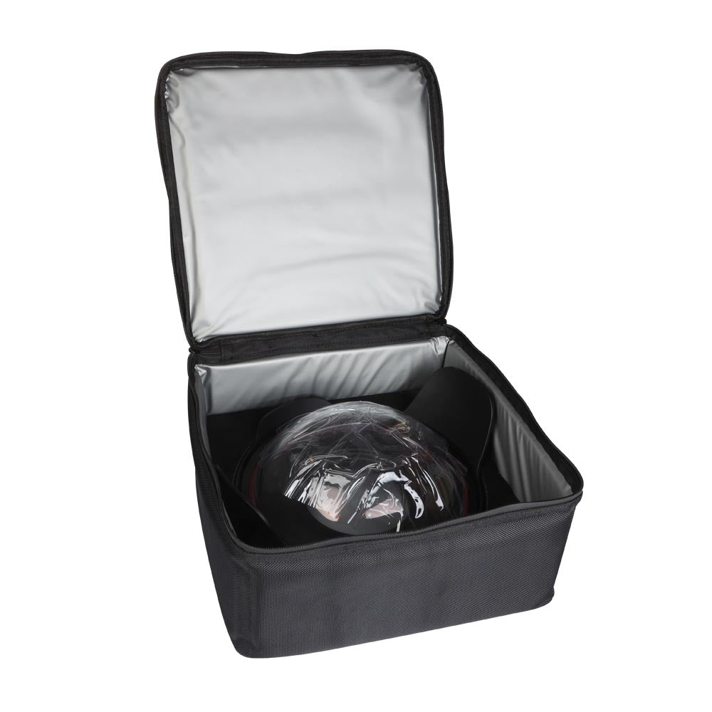 Black insulated lunch bag with a clear plastic container inside on a white background