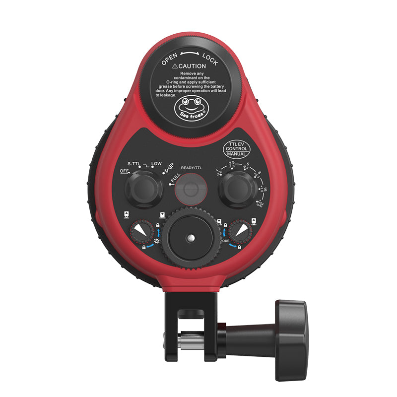 Red and black pressure gauge on a white background