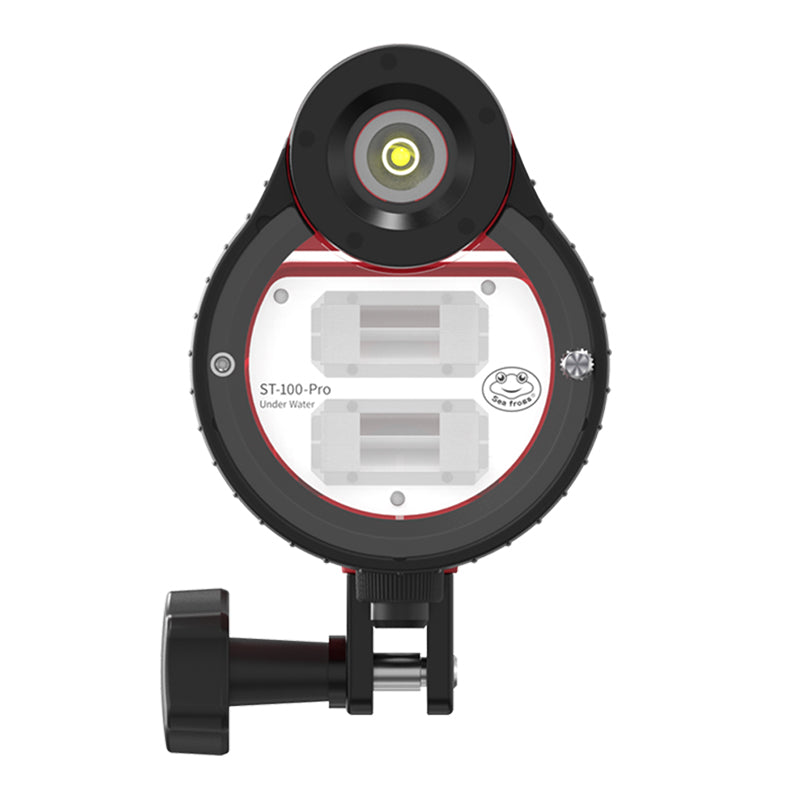 Underwater camera housing with 'ST-100-Pro' branding on a white background