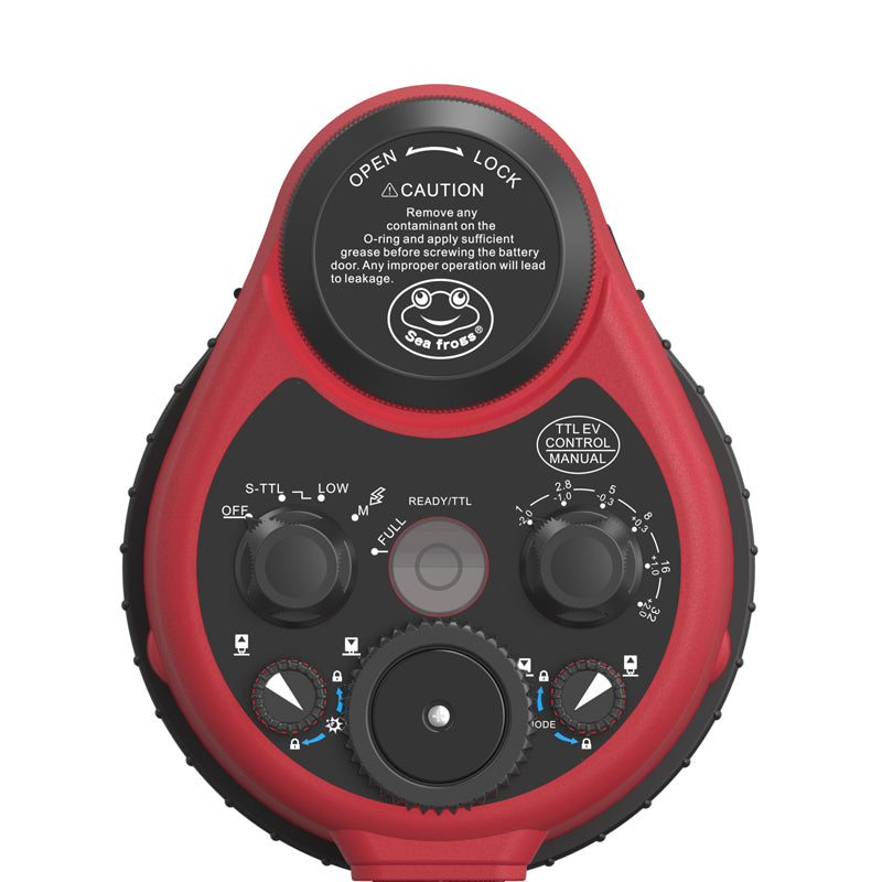 Red and black electronic device with control buttons and text on a white background