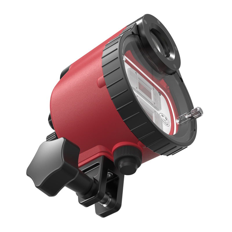 Red and black industrial device on a white background