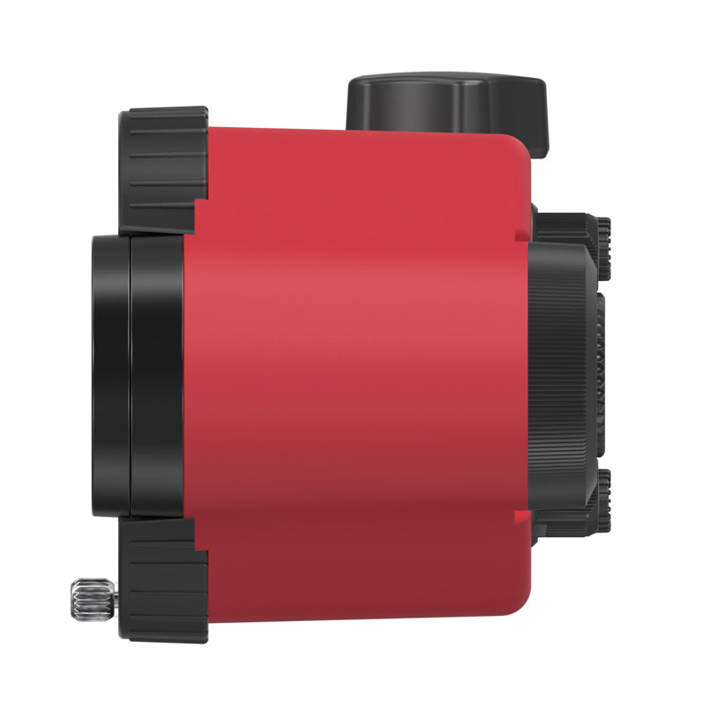 Red mechanical component with black accents on a white background