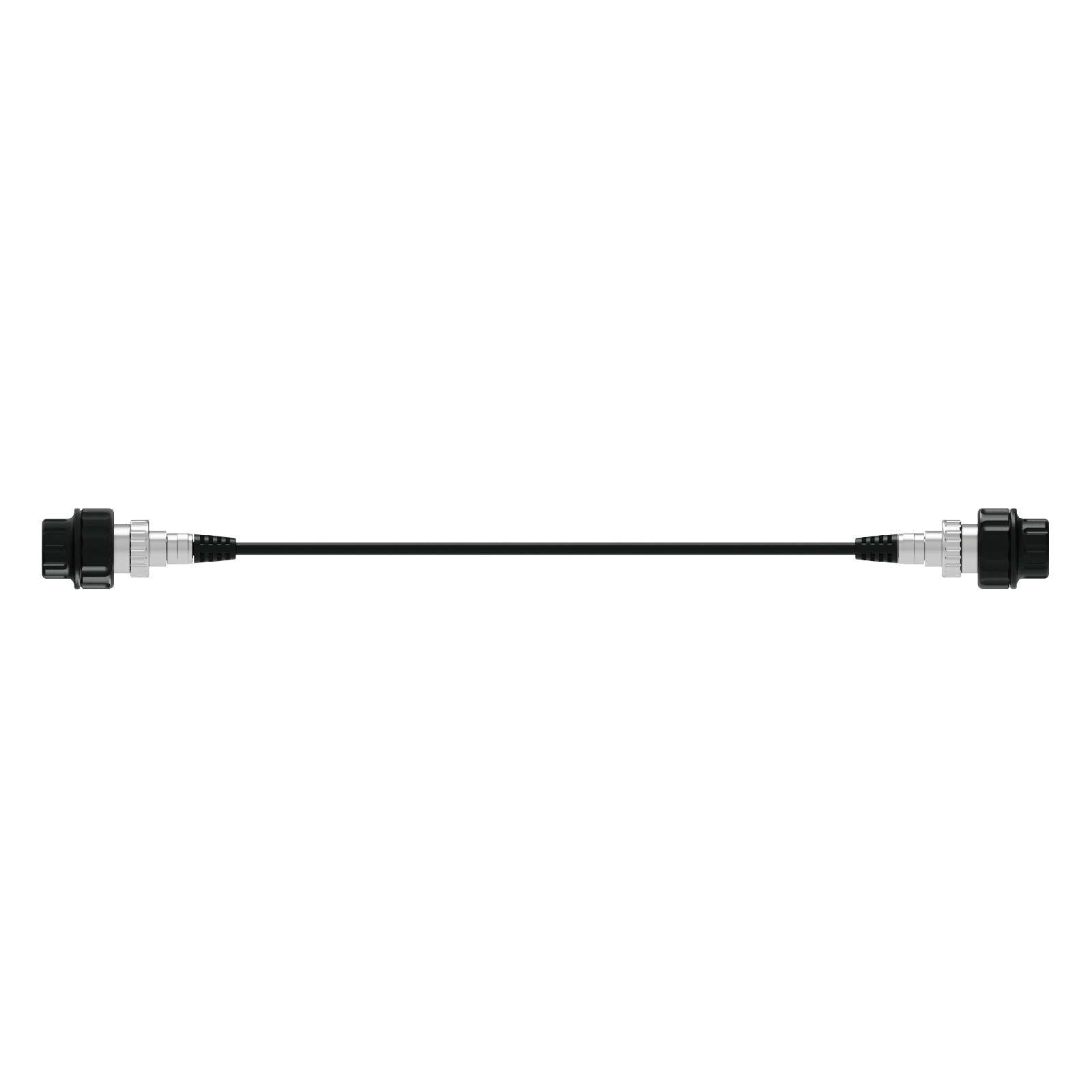 A short black cable with two silver and black connector ends, shown horizontally against a plain white background.