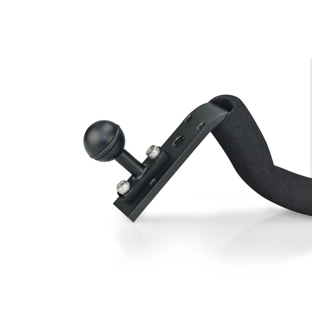 Black camera mount with strap on a white background