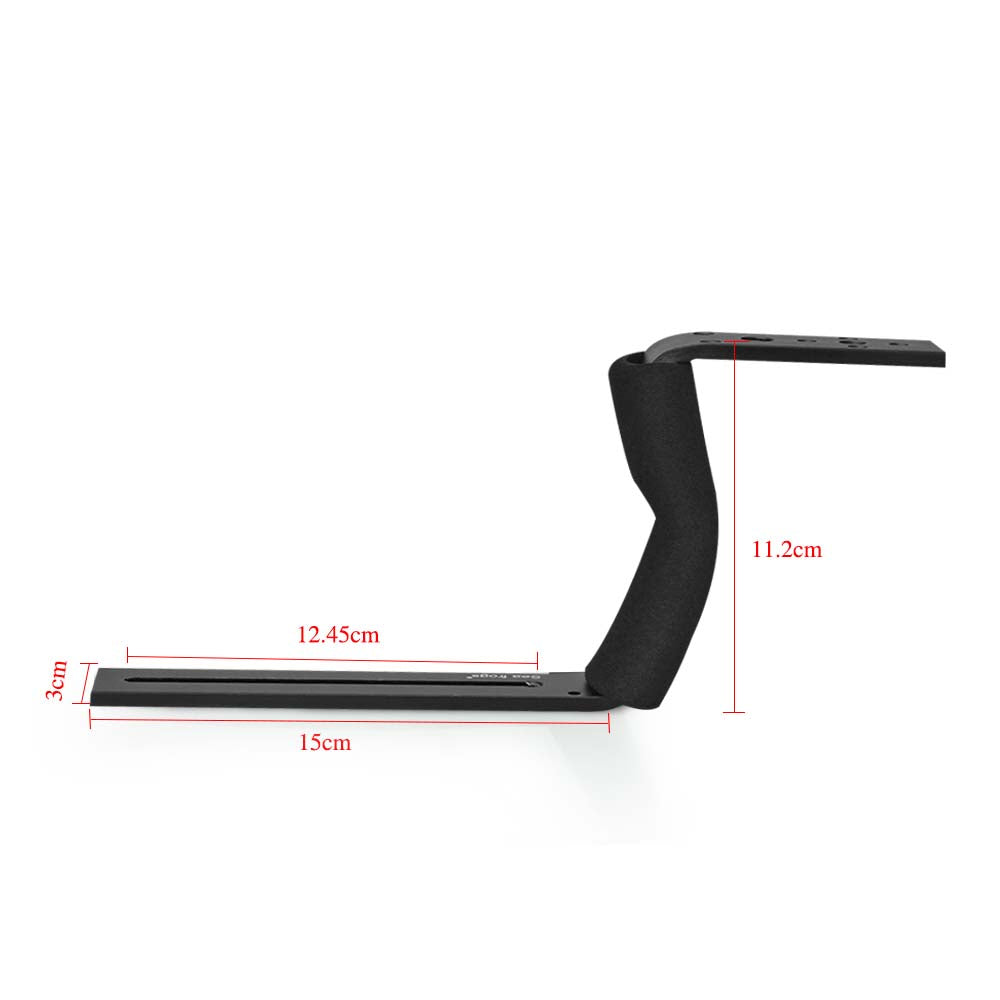 Black metal bracket with measurements on a white background