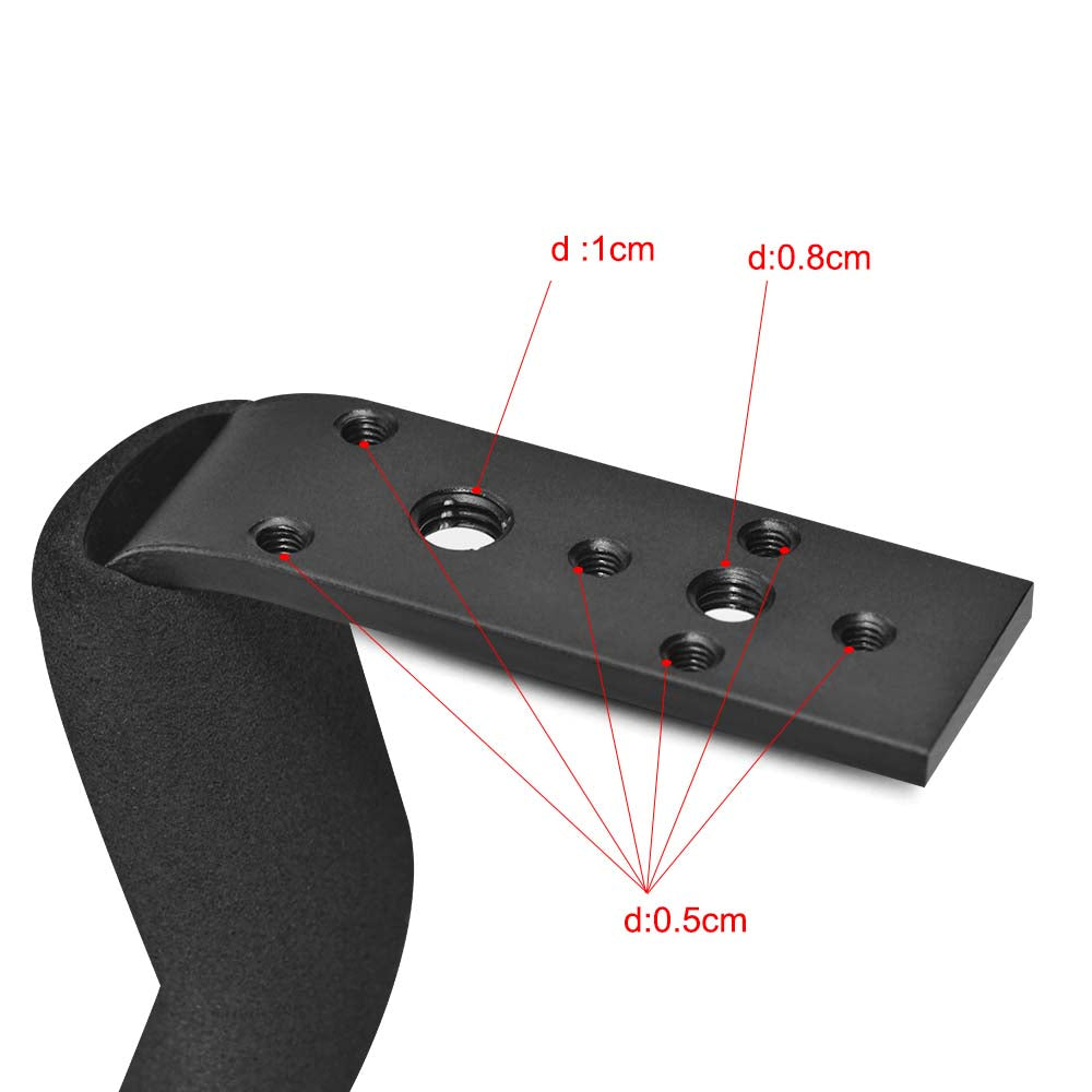 Black metal bracket with holes and measurements on a white background