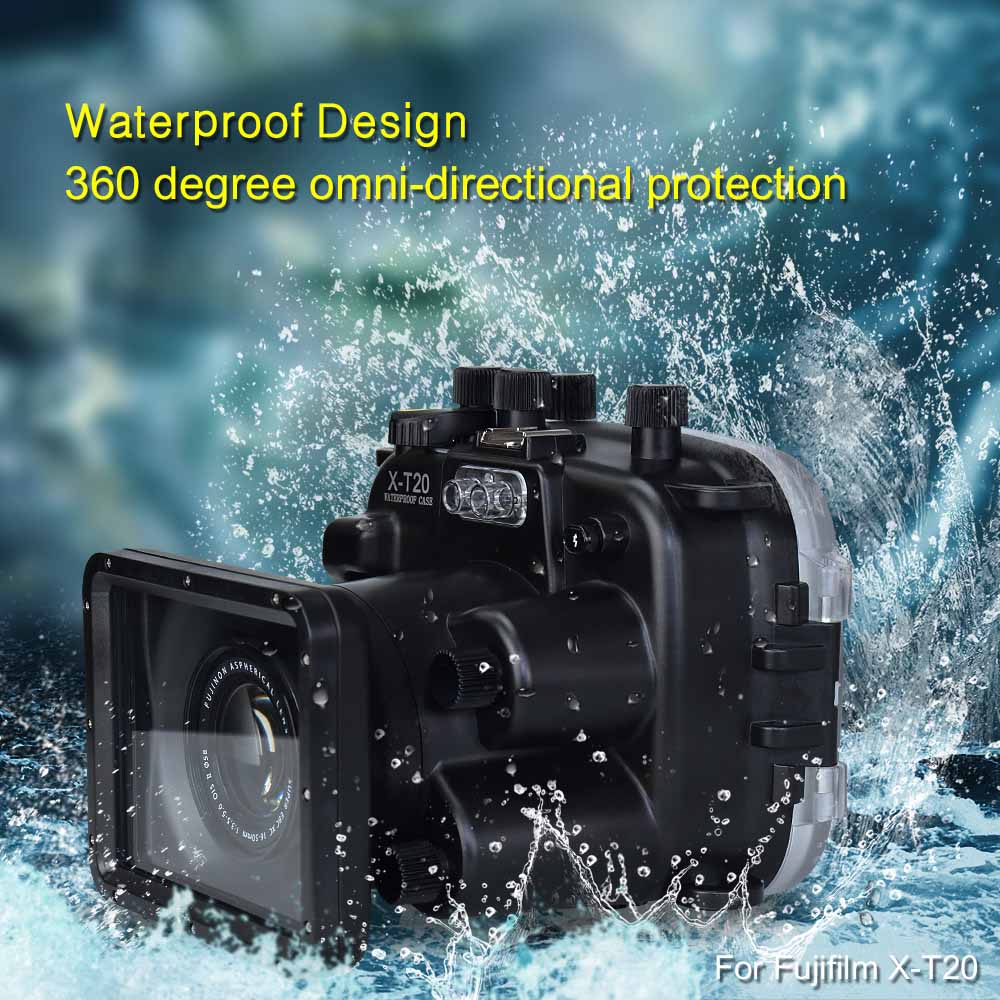 Camera with waterproof housing surrounded by water splashes, labeled 'Waterproof Design 360 degree omni-directional protection'.