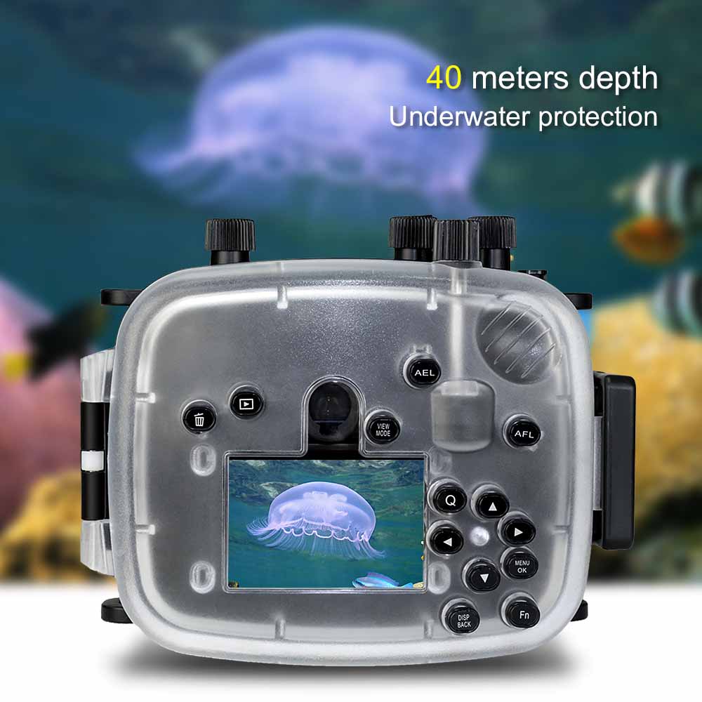Camera housing with underwater protection feature, showing jellyfish in an aquarium setting.