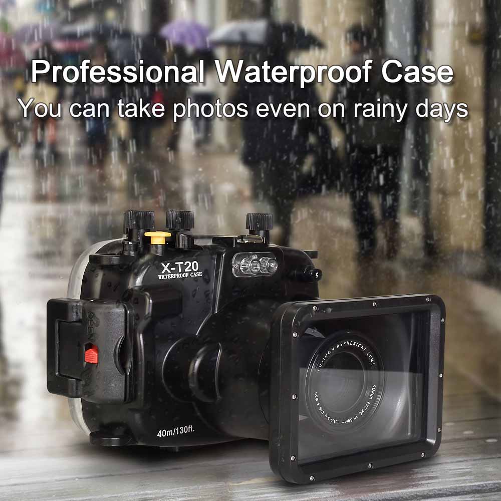 Camera with a waterproof case on a rainy day background
