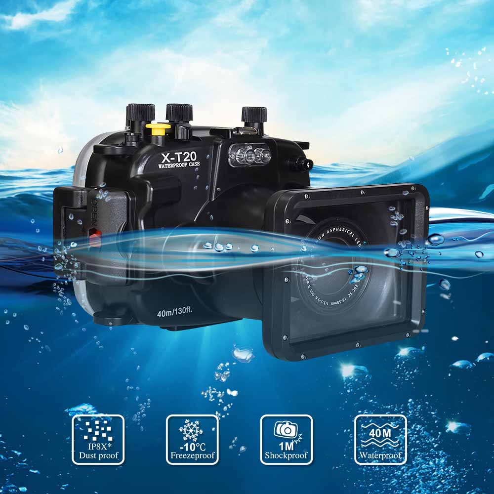 Underwater camera housing with features highlighted on a blue water background