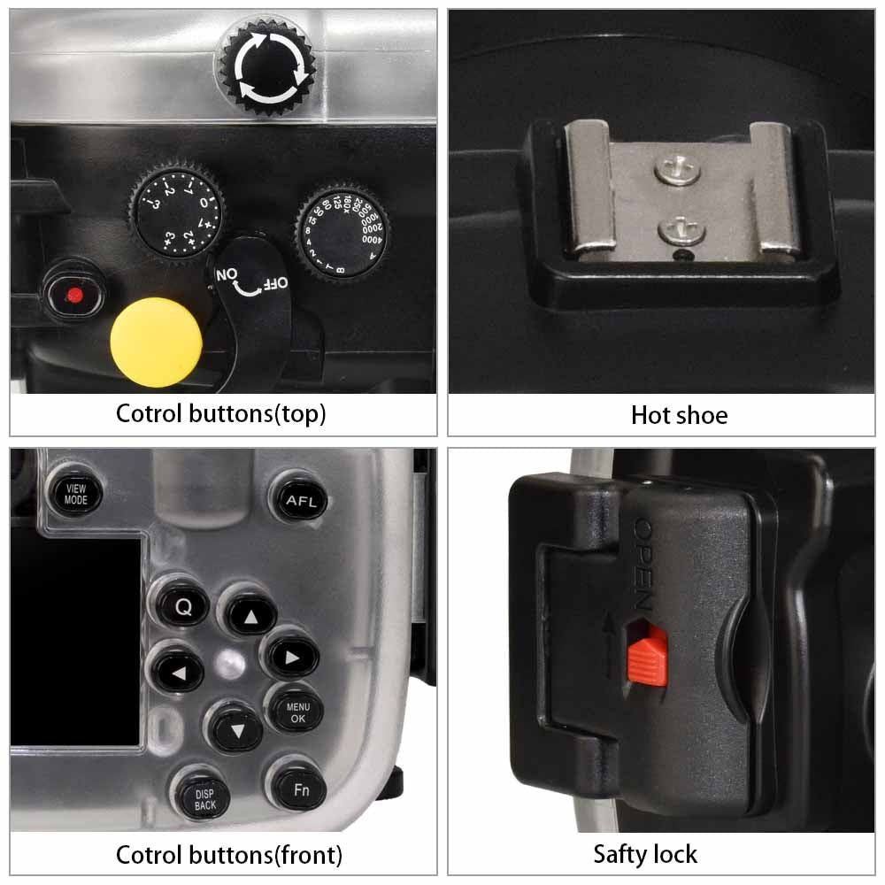 Close-up details of a camera control panel, hot shoe, control buttons, and safety lock.