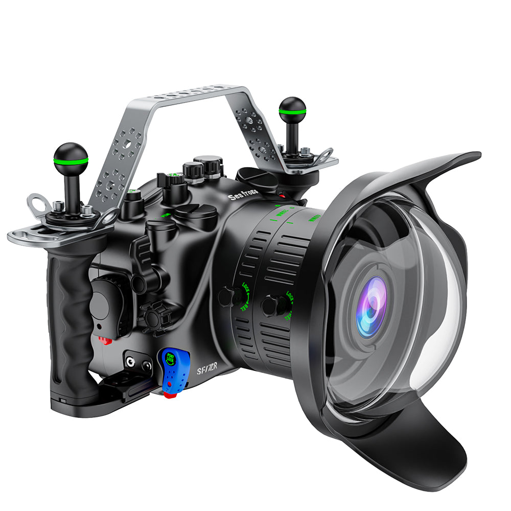 Camera lens with various attachments on a white background