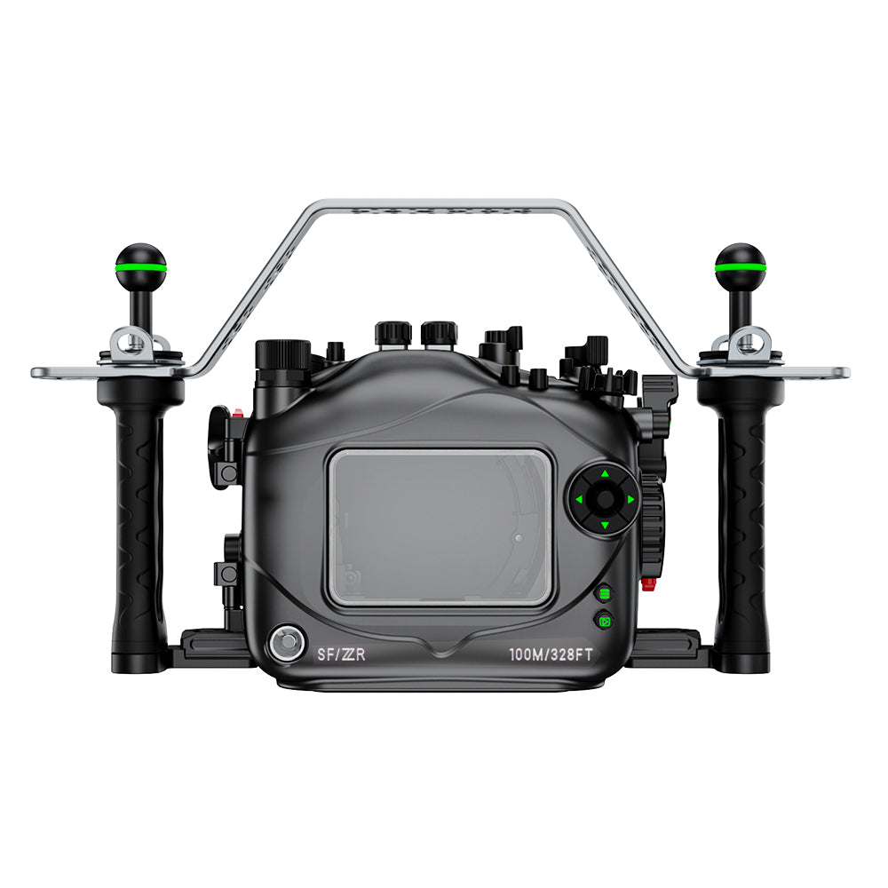 Black underwater camera housing with green accents on a white background